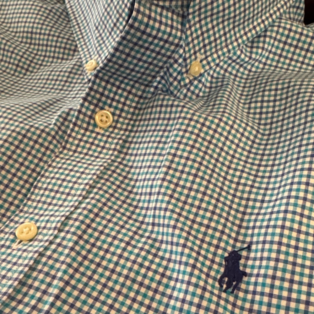 Polo by Ralph Lauren Men's Turquoise and Purple small Plaid Shirt